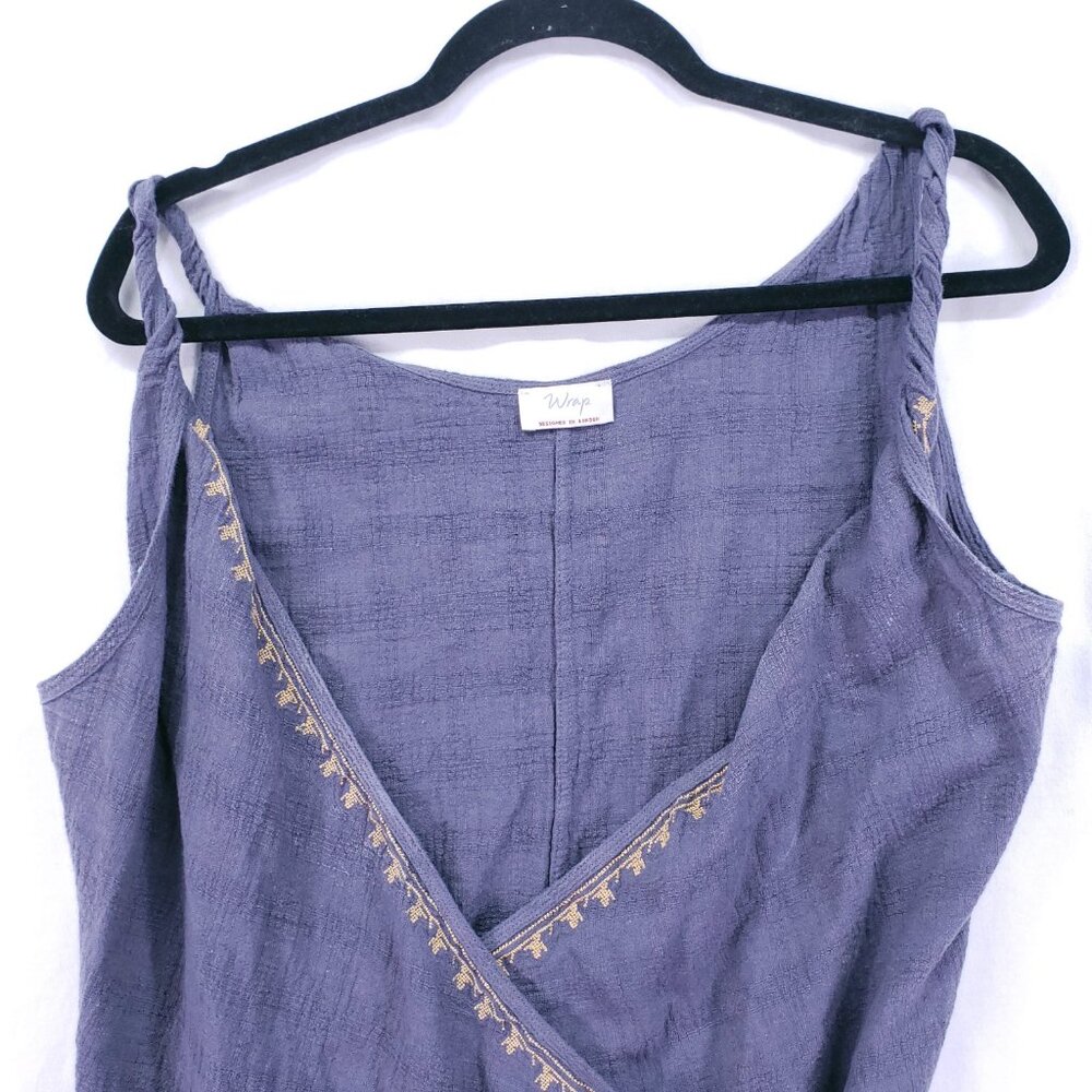 Wrap Designed in London Blue Gray Linen Blend Embroidery Wrap Mid Dress 8 - Picture 7 of 16